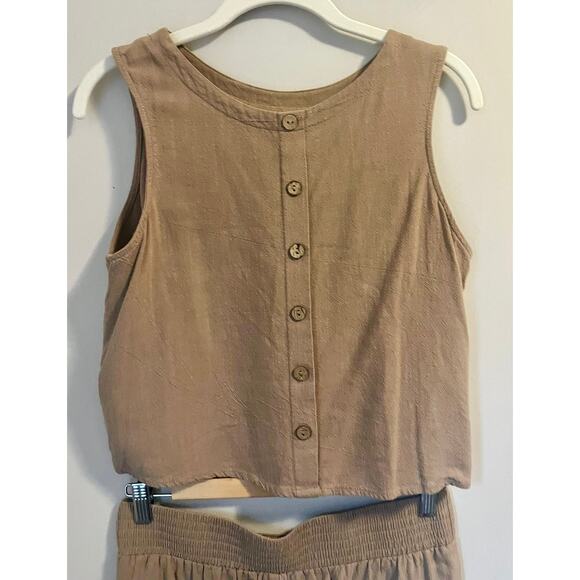 Anrabess 2 Piece Set Tank Crop Button Back Top Cropped Wide Leg Pants Khaki sz S - Picture 6 of 8